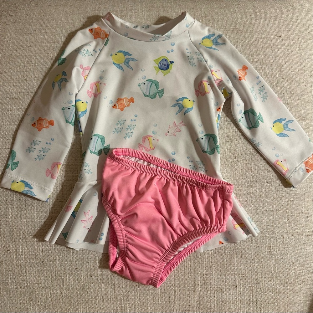 James & Lottie Infant Rash Guard Swim Set Pink Bottoms with Multi Fish Print Top